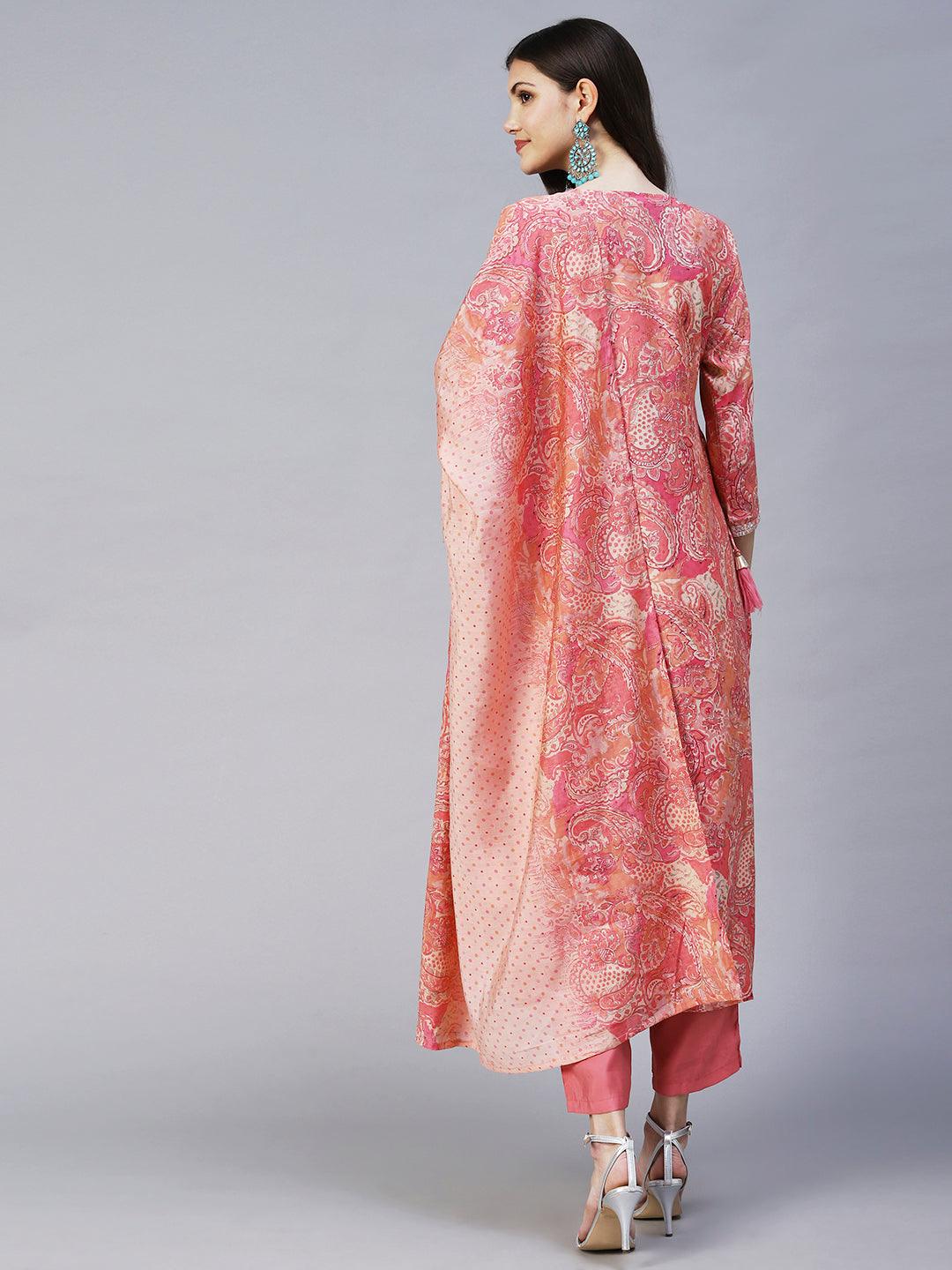 Ethnic Floral Printed & Embroidered A-Line Kurta with Pant & Dupatta - Pink - Indiakreations