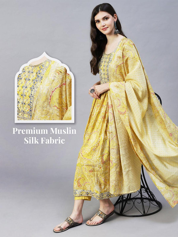 Ethnic Floral Printed & Embroidered A-Line Kurta with Pant & Dupatta - Yellow - Indiakreations