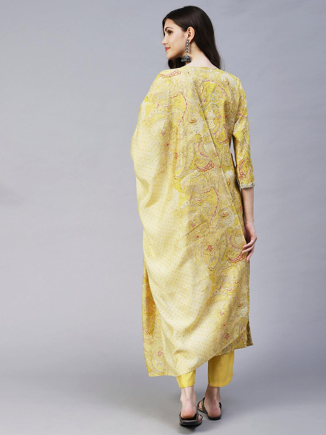 Ethnic Floral Printed & Embroidered A-Line Kurta with Pant & Dupatta - Yellow - Indiakreations