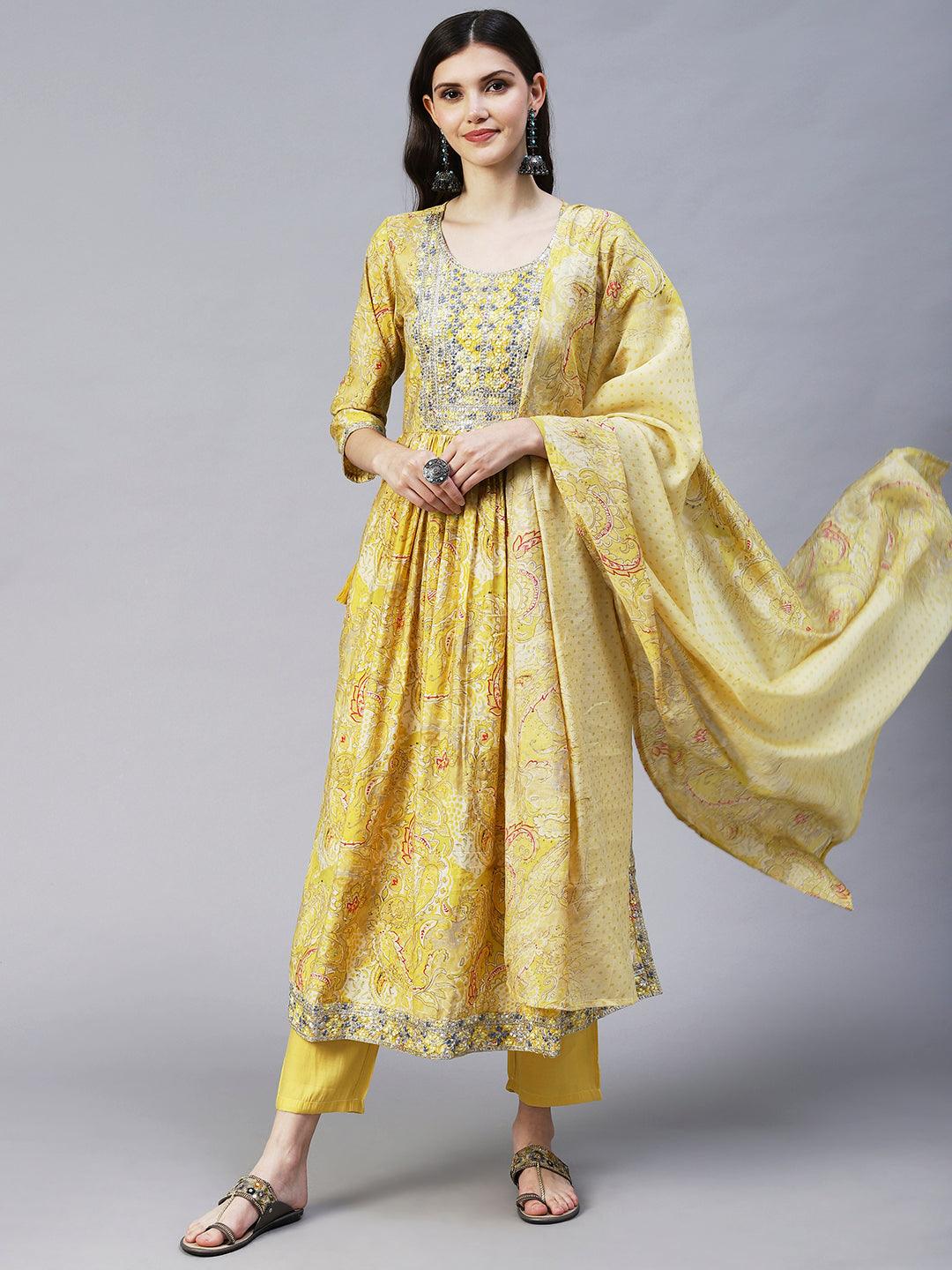 Ethnic Floral Printed & Embroidered A-Line Kurta with Pant & Dupatta - Yellow - Indiakreations