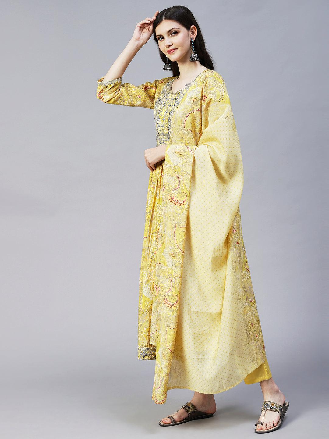 Ethnic Floral Printed & Embroidered A-Line Kurta with Pant & Dupatta - Yellow - Indiakreations