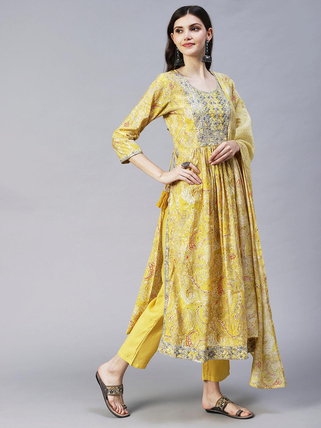 Ethnic Floral Printed & Embroidered A-Line Kurta with Pant & Dupatta - Yellow - Indiakreations