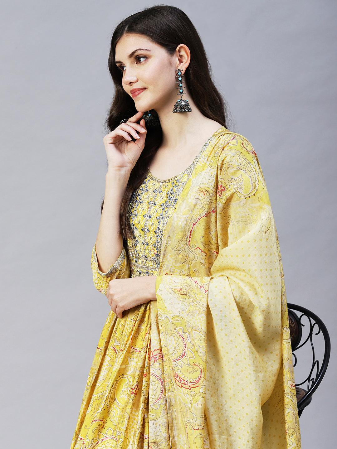 Ethnic Floral Printed & Embroidered A-Line Kurta with Pant & Dupatta - Yellow - Indiakreations