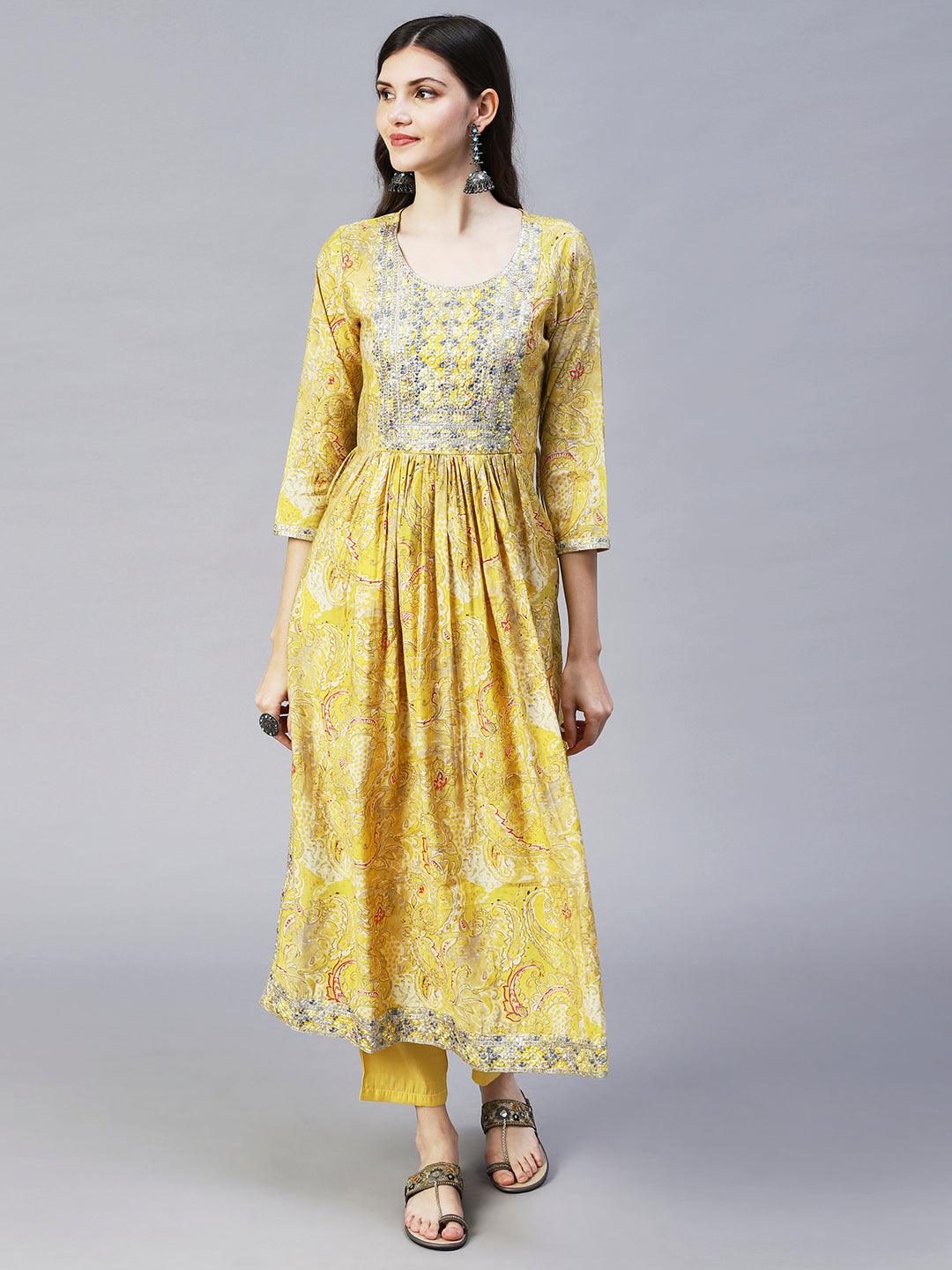 Ethnic Floral Printed & Embroidered A-Line Kurta with Pant & Dupatta - Yellow - Indiakreations