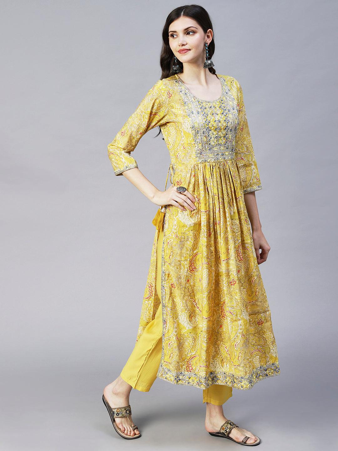 Ethnic Floral Printed & Embroidered A-Line Kurta with Pant & Dupatta - Yellow - Indiakreations