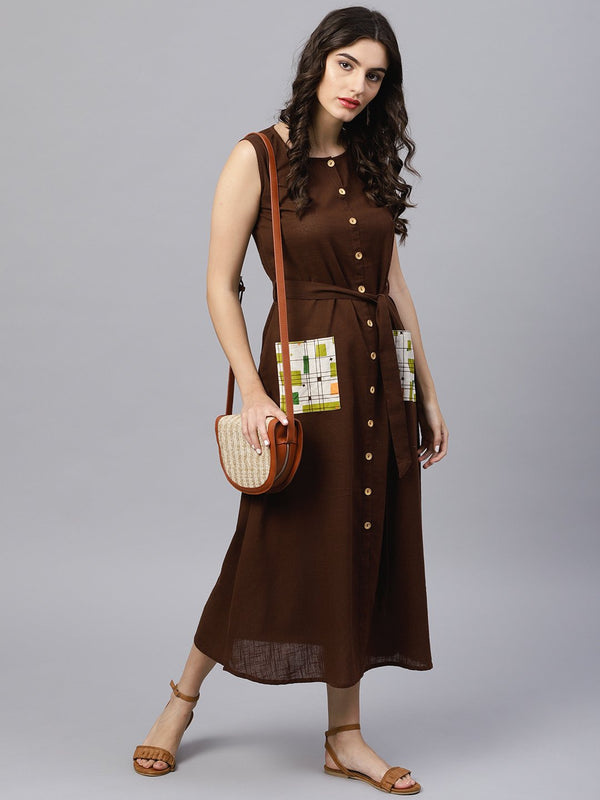 Round Neck brown Maxi Dress with front placket and Belt | NOZ2TOZ - Made In INDIA.