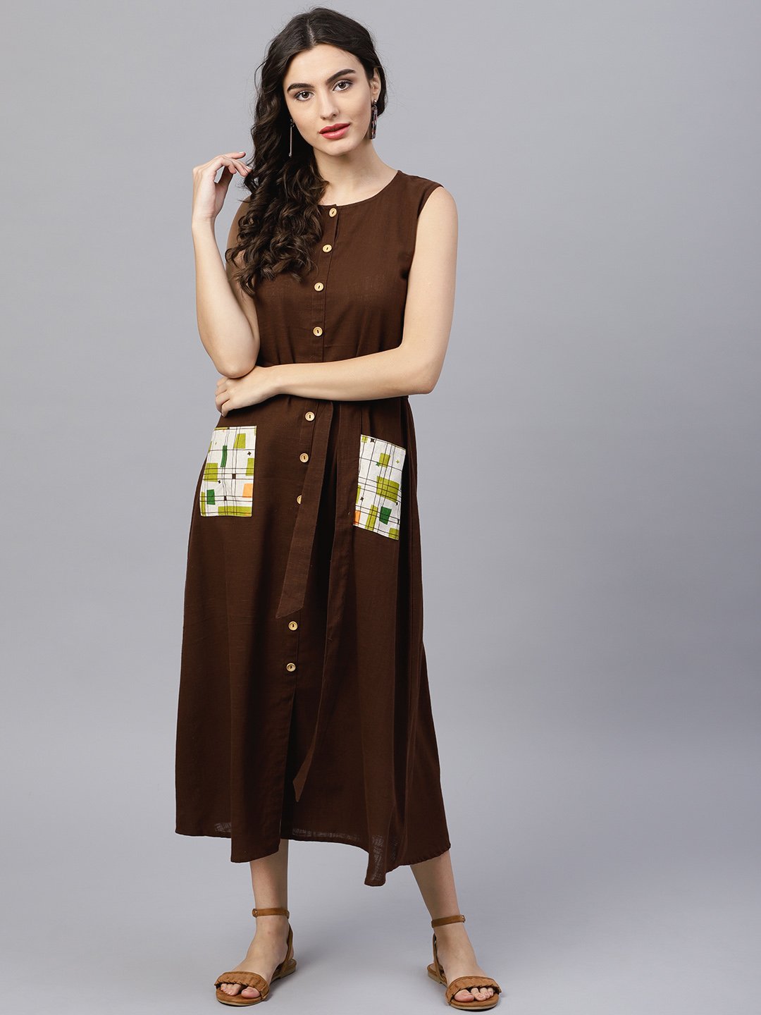 Round Neck brown Maxi Dress with front placket and Belt | NOZ2TOZ - Made In INDIA.