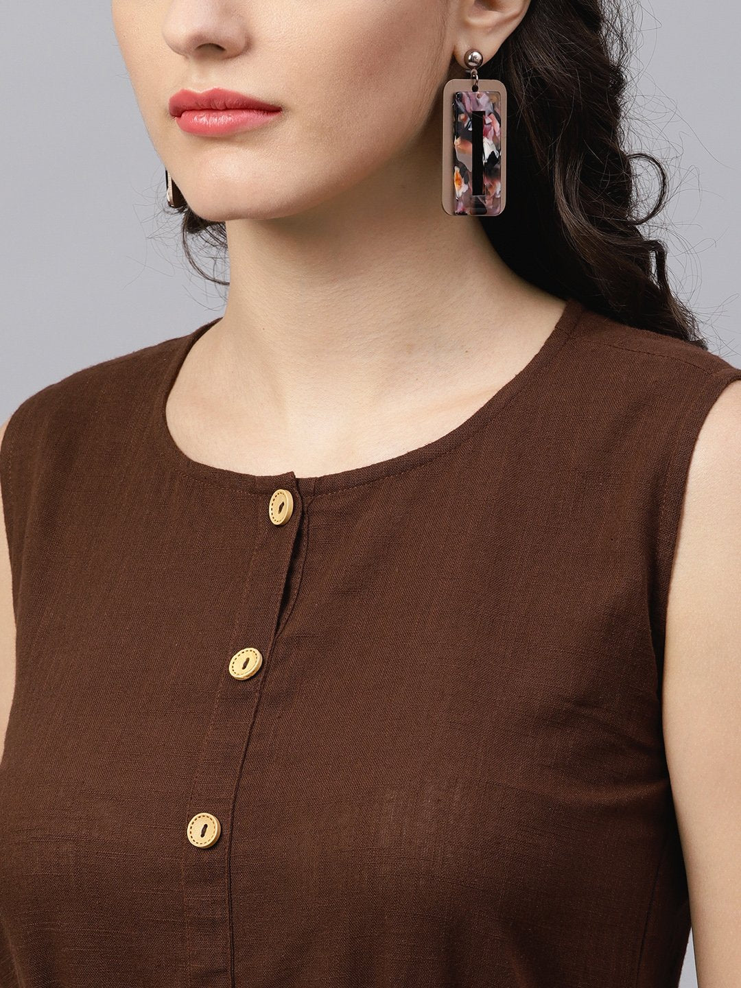 Round Neck brown Maxi Dress with front placket and Belt | NOZ2TOZ - Made In INDIA.