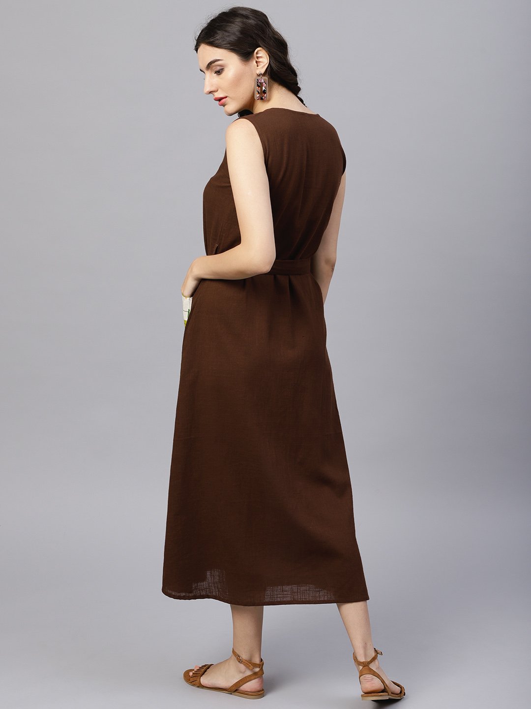 Round Neck brown Maxi Dress with front placket and Belt | NOZ2TOZ - Made In INDIA.