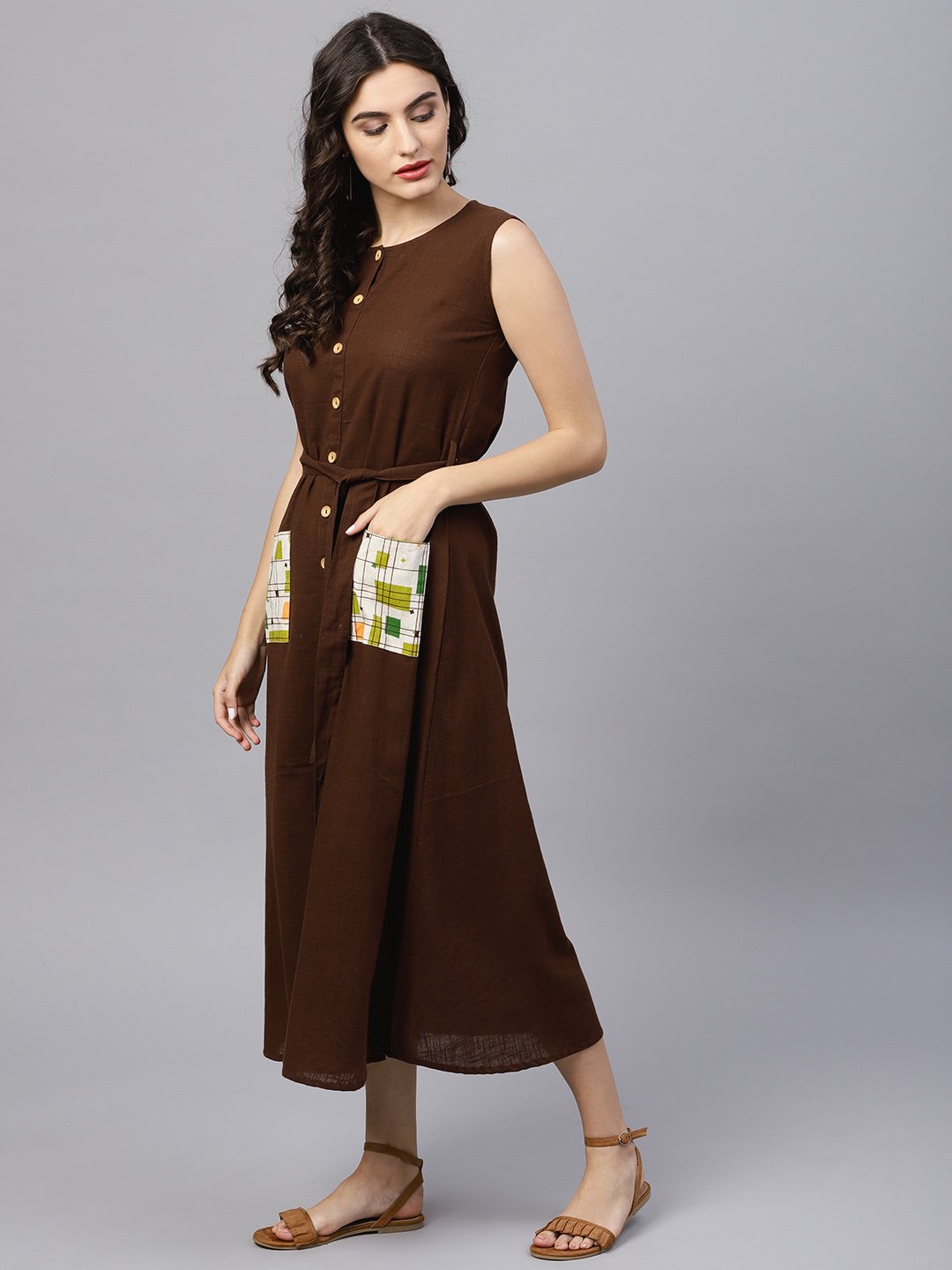 Round Neck brown Maxi Dress with front placket and Belt | NOZ2TOZ - Made In INDIA.