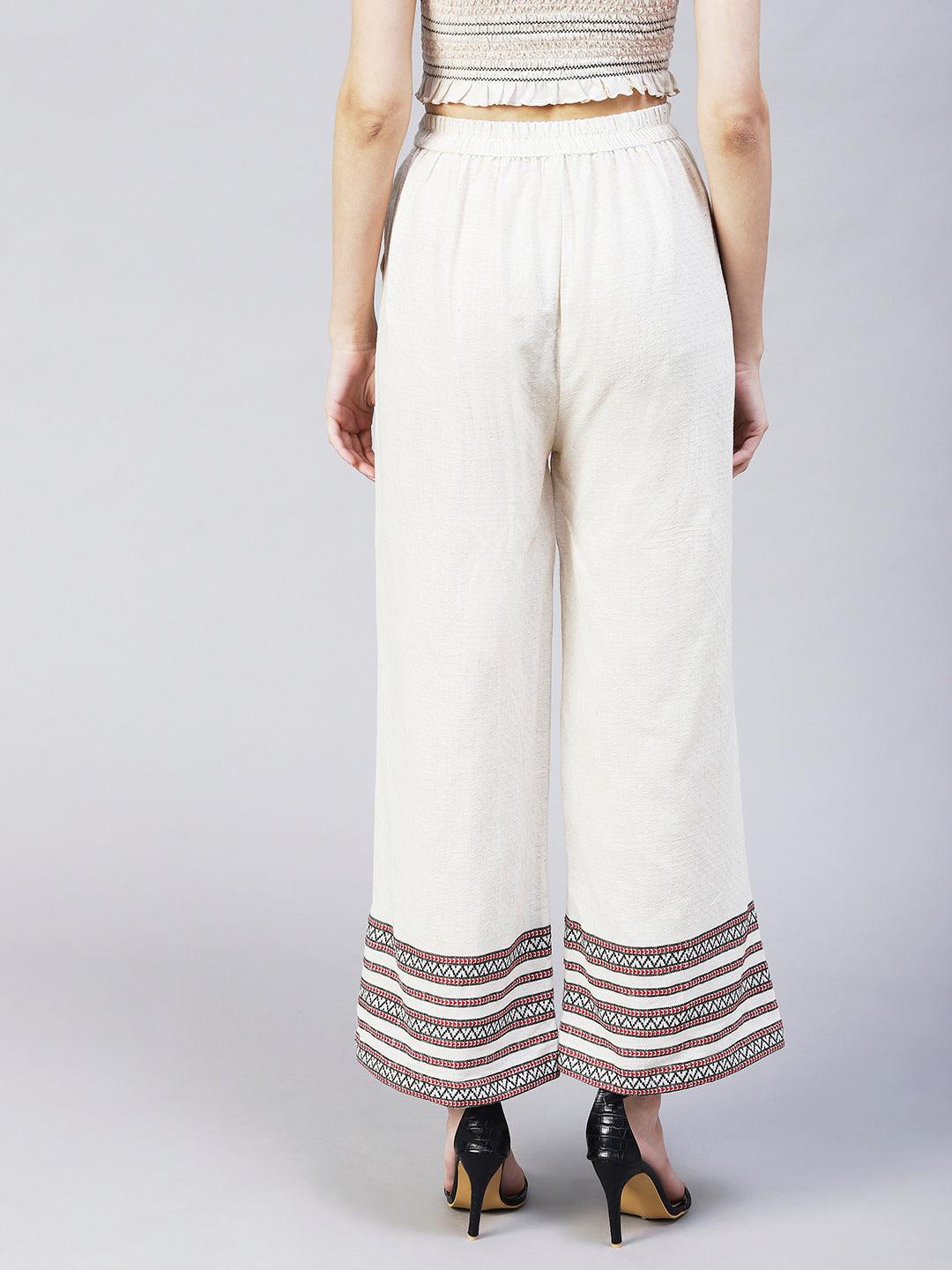 Solid Ethnic Woven Straight Fit Palazzo - Off White - Indiakreations