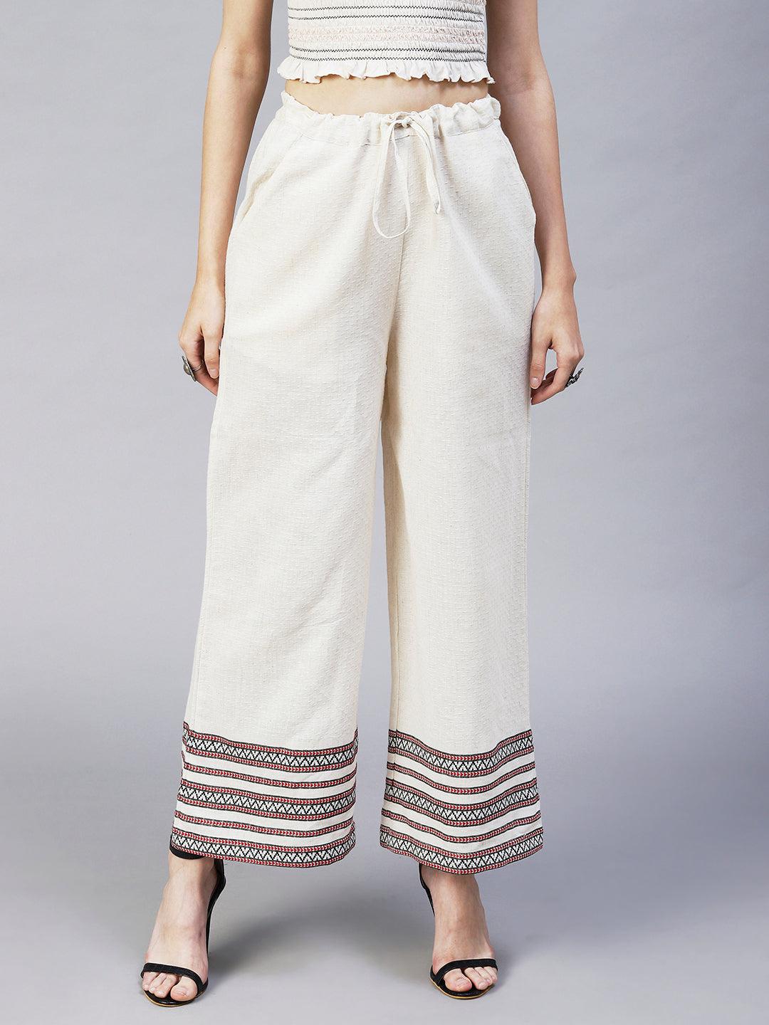 Solid Ethnic Woven Straight Fit Palazzo - Off White - Indiakreations