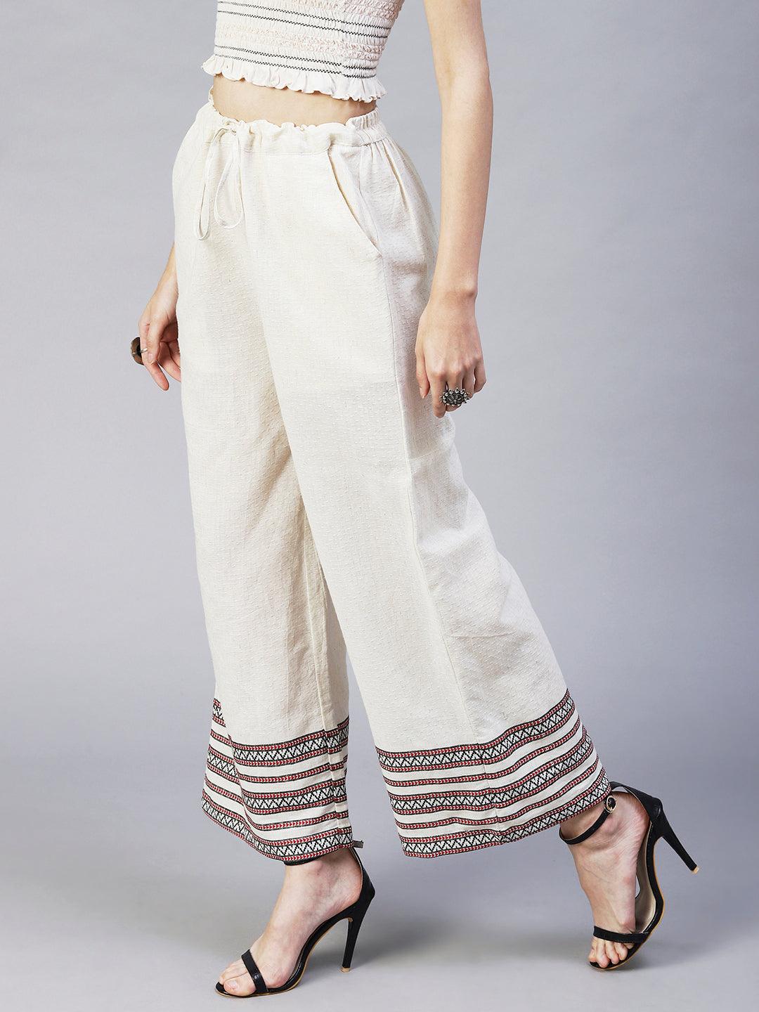 Solid Ethnic Woven Straight Fit Palazzo - Off White - Indiakreations