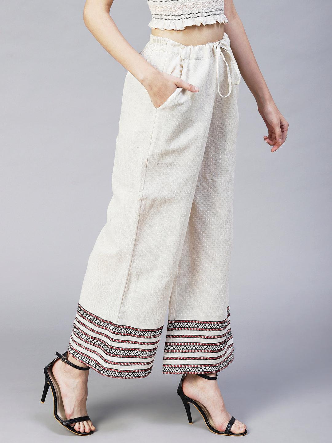 Solid Ethnic Woven Straight Fit Palazzo - Off White - Indiakreations