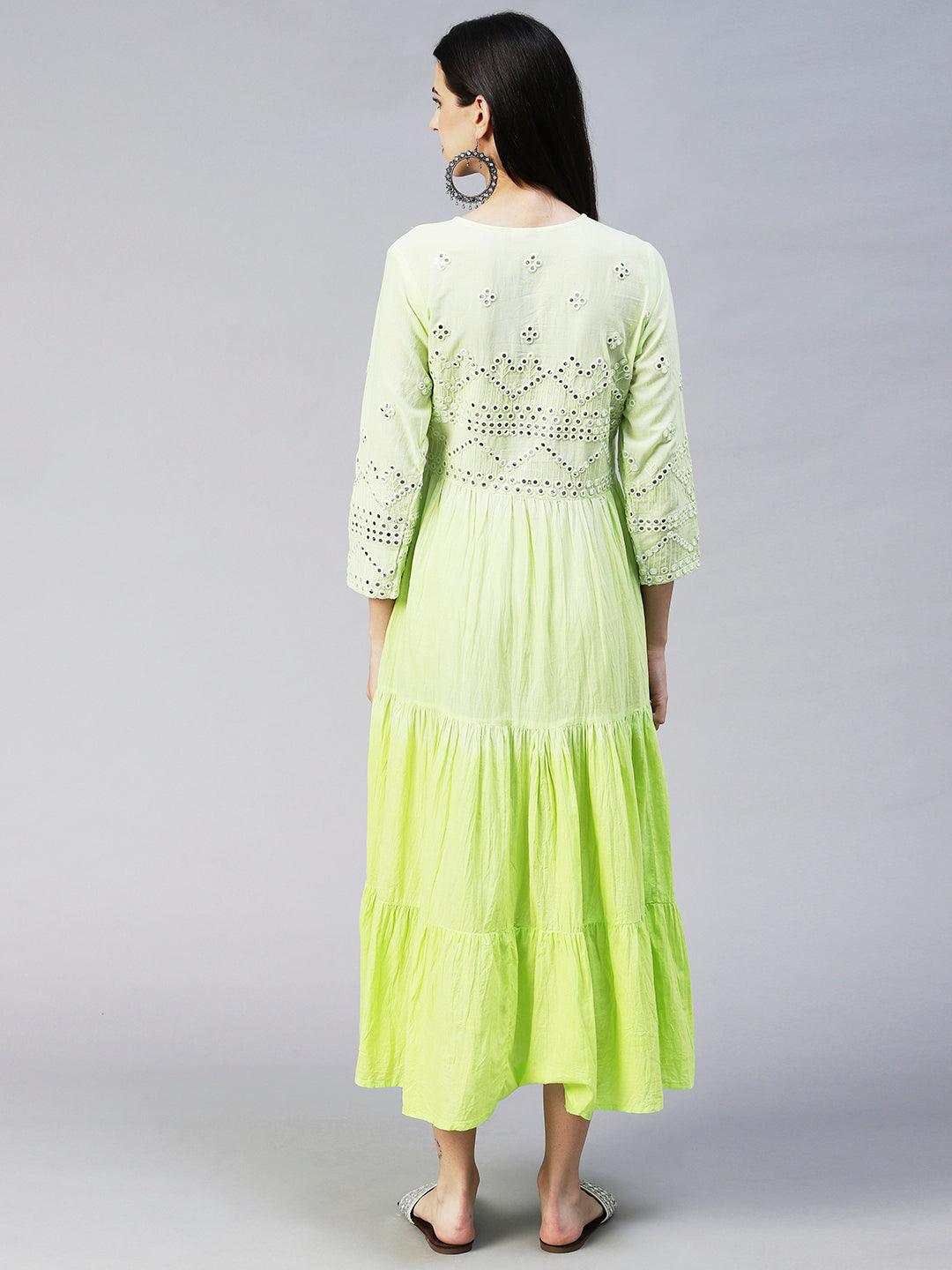 Ethnic Mirror Work Embroidered Tiered Flared Midi Dress - Light Green - Indiakreations