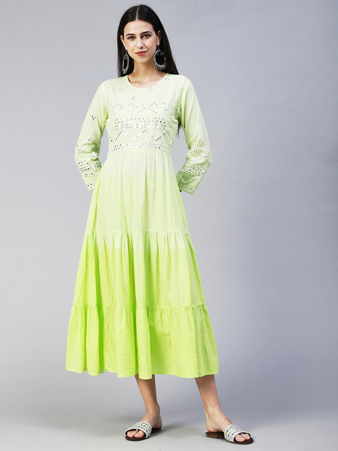 Ethnic Mirror Work Embroidered Tiered Flared Midi Dress - Light Green - Indiakreations