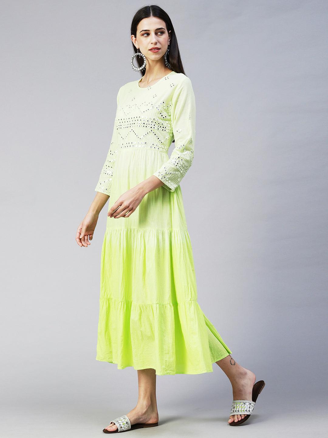 Ethnic Mirror Work Embroidered Tiered Flared Midi Dress - Light Green - Indiakreations