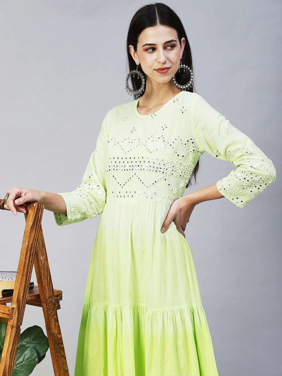 Ethnic Mirror Work Embroidered Tiered Flared Midi Dress - Light Green - Indiakreations