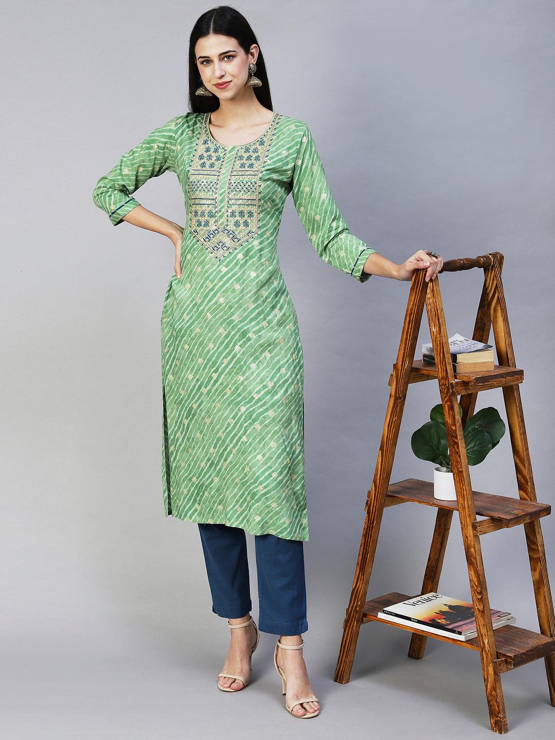 Leheriya Printed & Embroidered Straight Fit Kurta - Light Green - Indiakreations