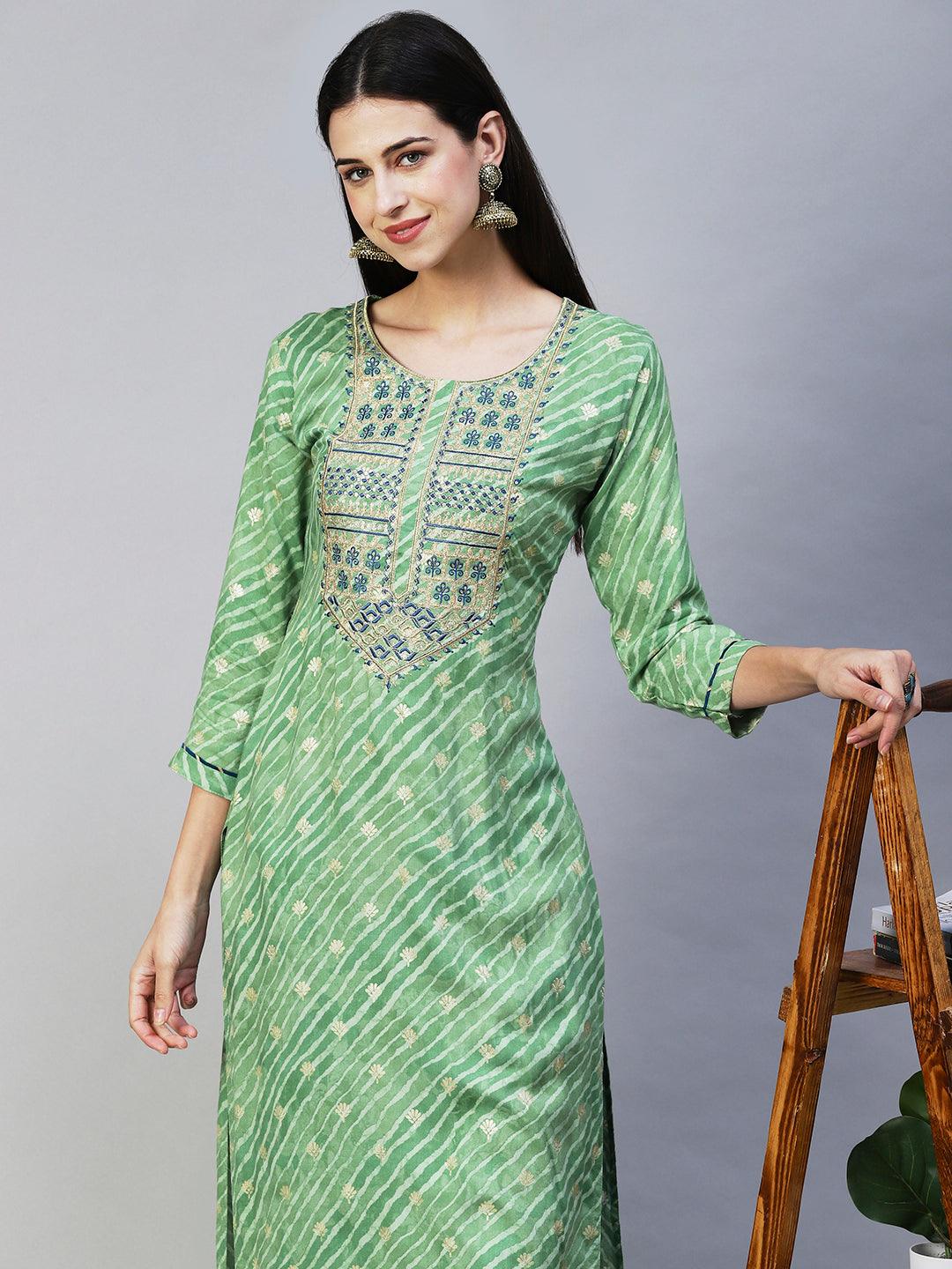 Leheriya Printed & Embroidered Straight Fit Kurta - Light Green - Indiakreations