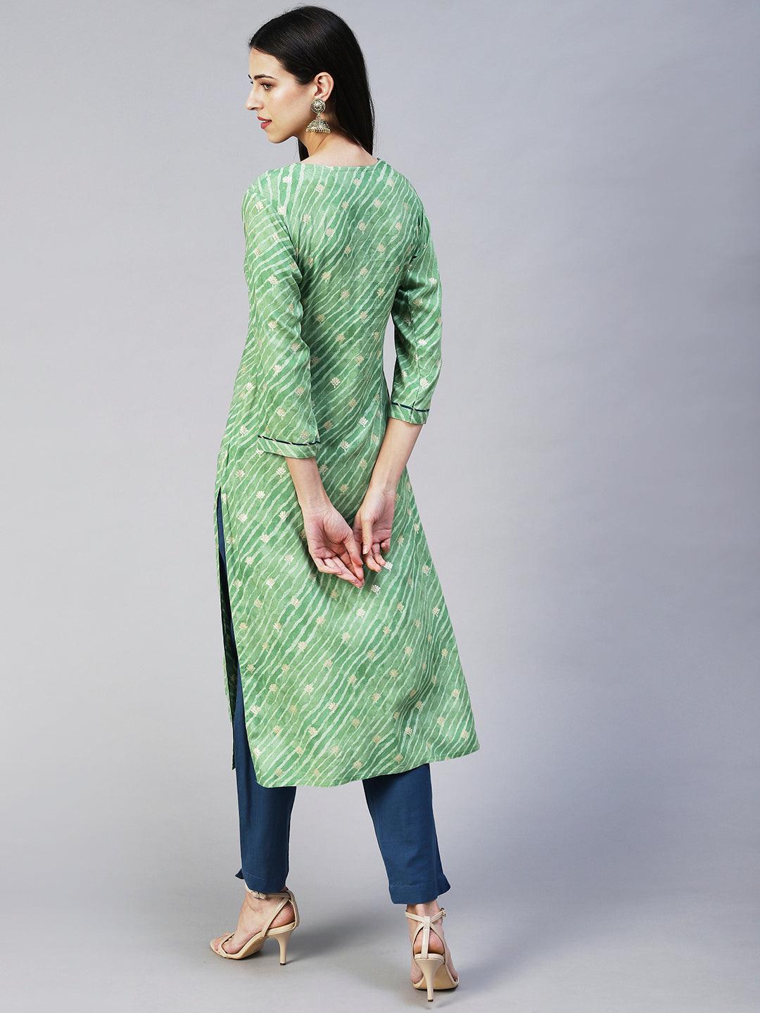 Leheriya Printed & Embroidered Straight Fit Kurta - Light Green - Indiakreations