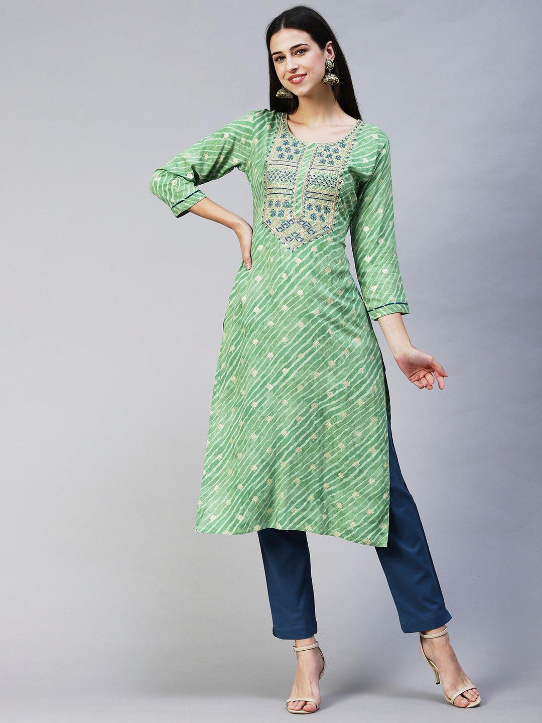 Leheriya Printed & Embroidered Straight Fit Kurta - Light Green - Indiakreations