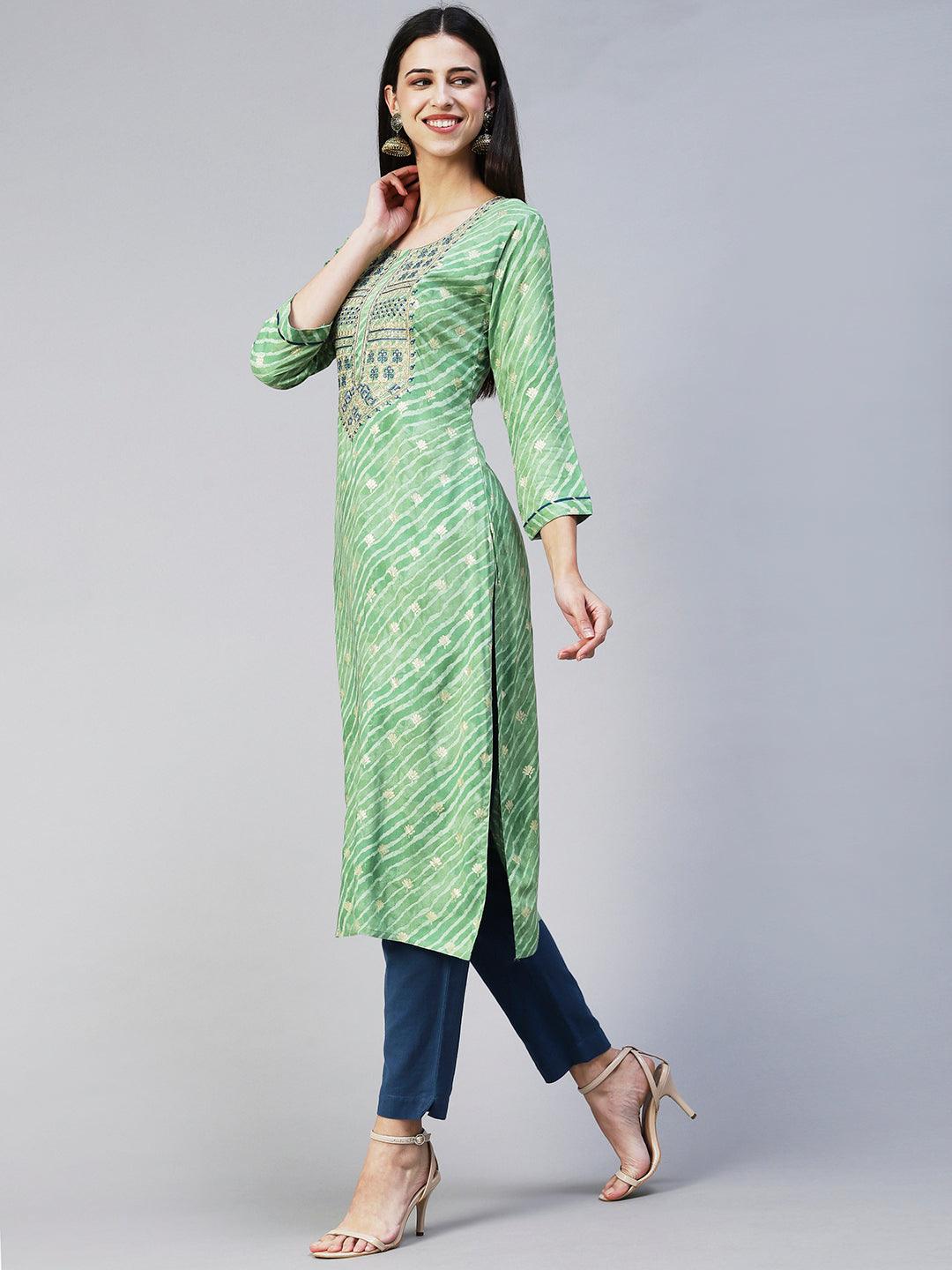 Leheriya Printed & Embroidered Straight Fit Kurta - Light Green - Indiakreations