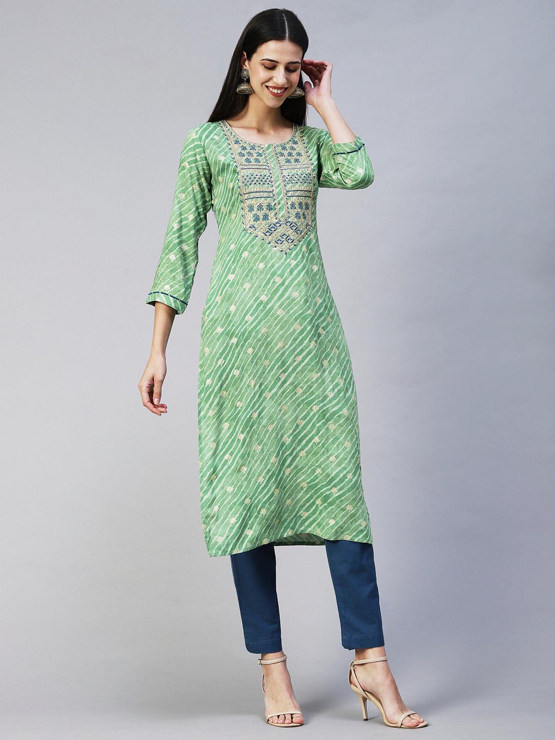 Leheriya Printed & Embroidered Straight Fit Kurta - Light Green - Indiakreations