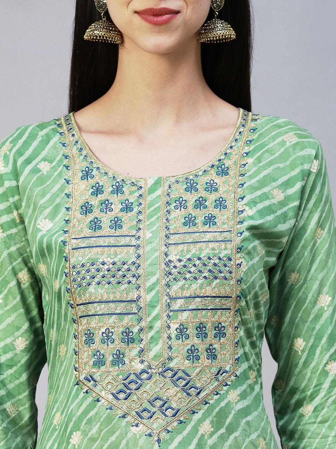 Leheriya Printed & Embroidered Straight Fit Kurta - Light Green - Indiakreations