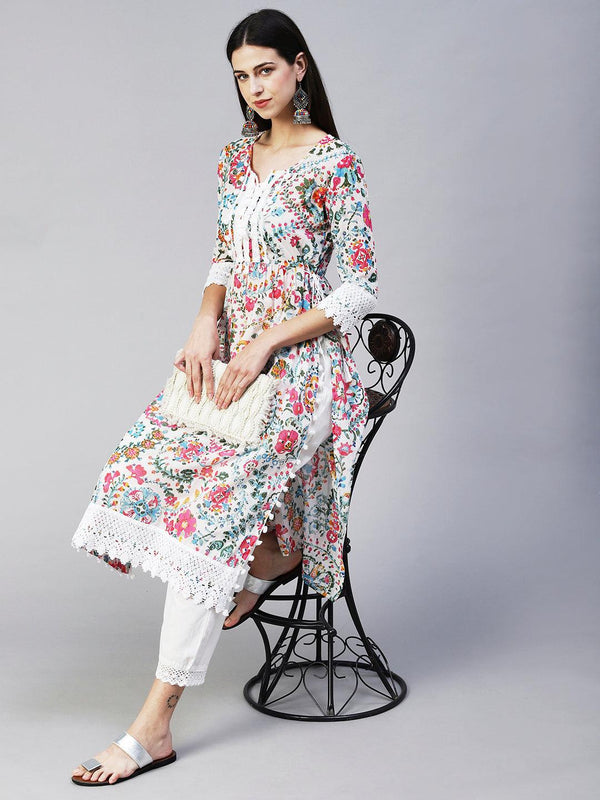 Ethnic Floral Printed A-Line Kurta with Pant - Multi - Indiakreations