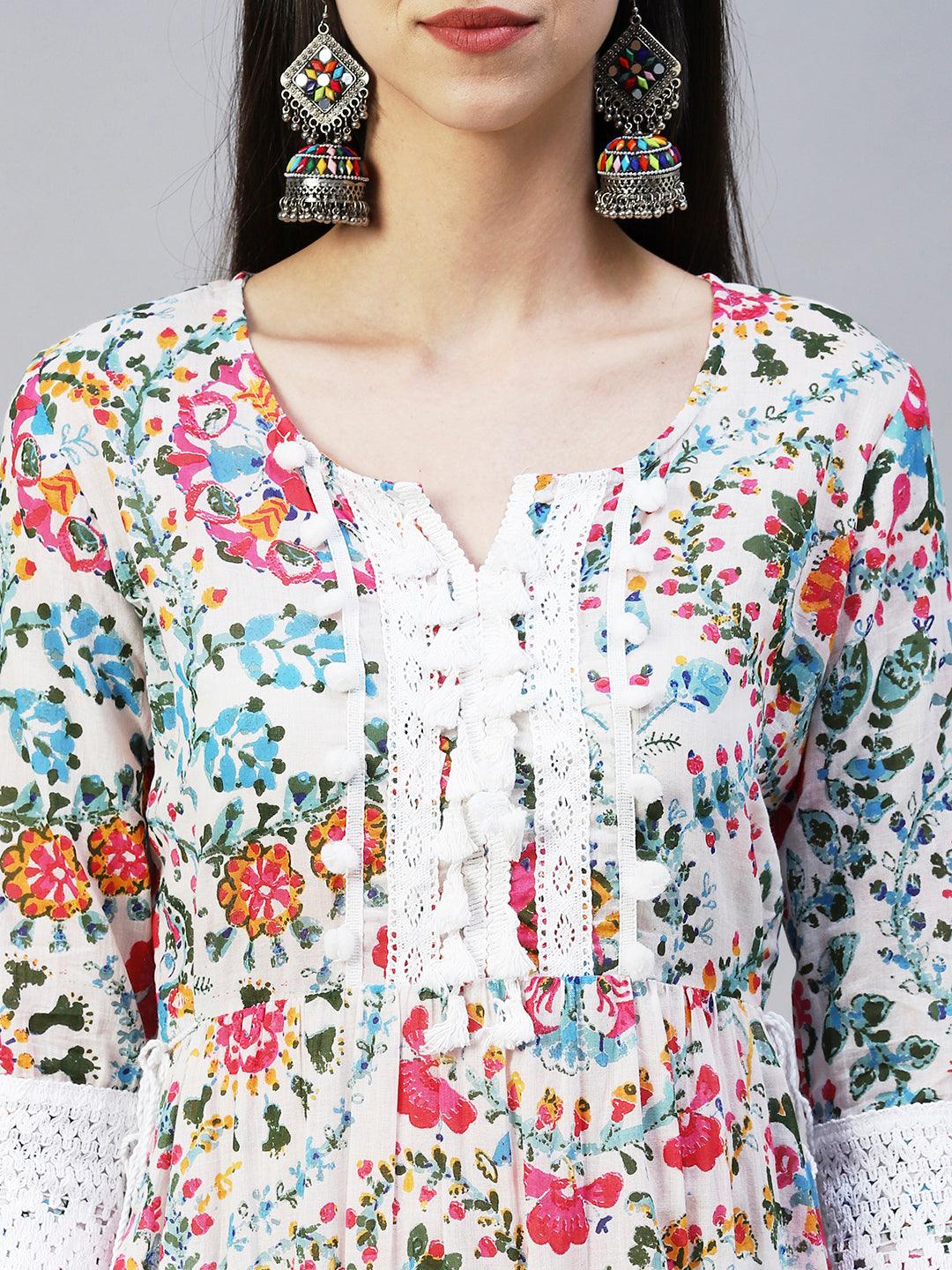 Ethnic Floral Printed A-Line Kurta with Pant - Multi - Indiakreations