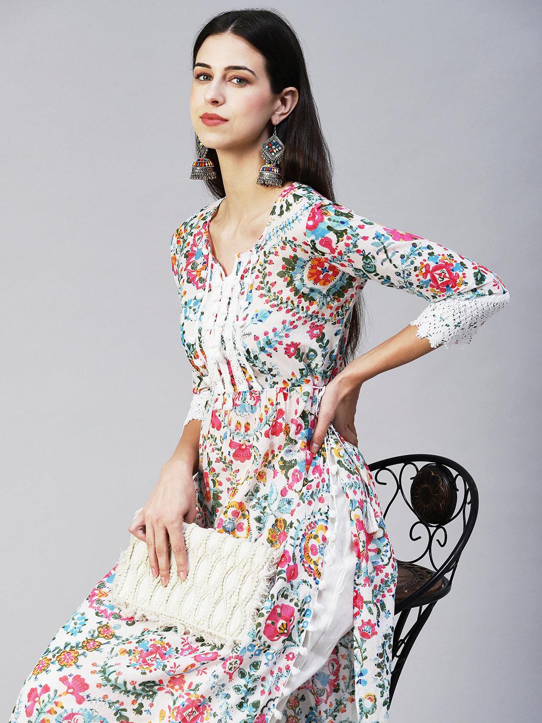 Ethnic Floral Printed A-Line Kurta with Pant - Multi - Indiakreations