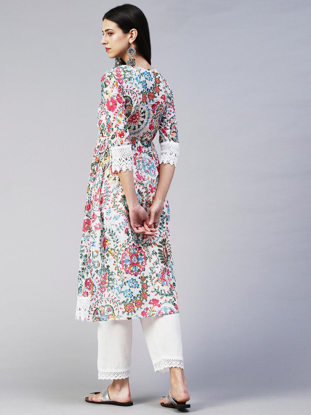 Ethnic Floral Printed A-Line Kurta with Pant - Multi - Indiakreations