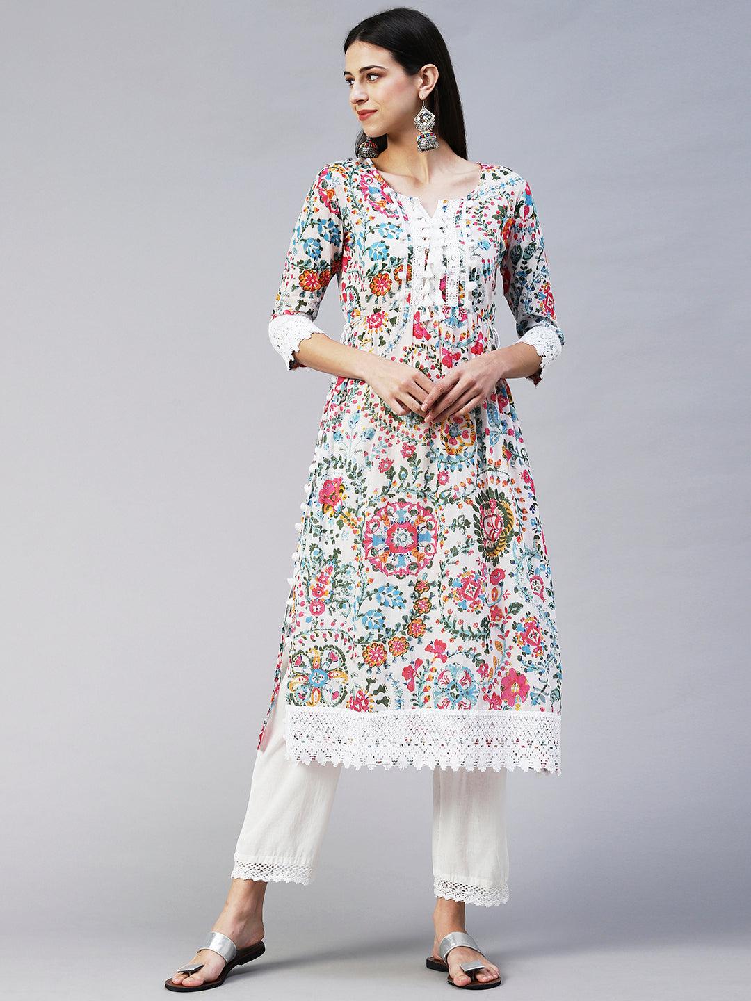 Ethnic Floral Printed A-Line Kurta with Pant - Multi - Indiakreations