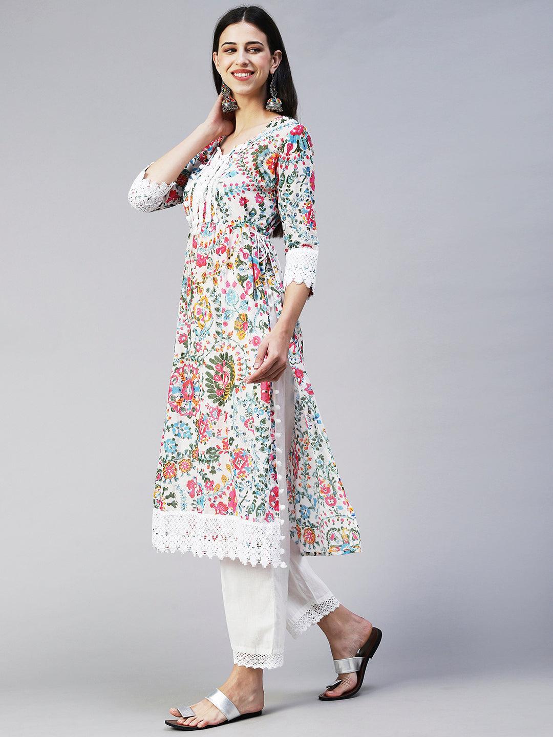 Ethnic Floral Printed A-Line Kurta with Pant - Multi - Indiakreations