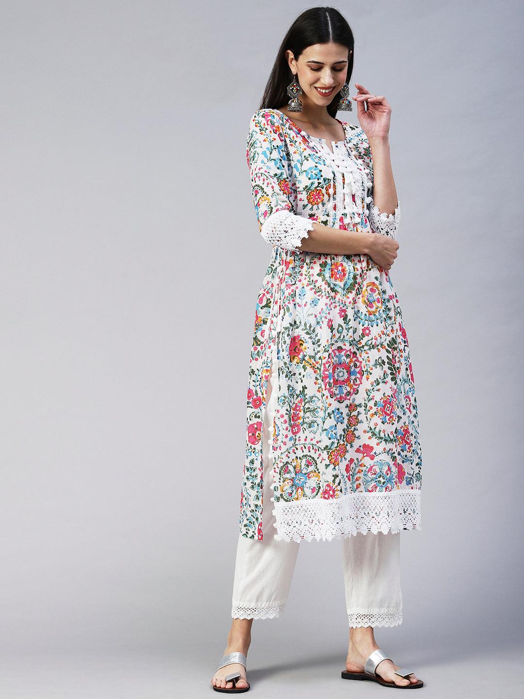 Ethnic Floral Printed A-Line Kurta with Pant - Multi - Indiakreations