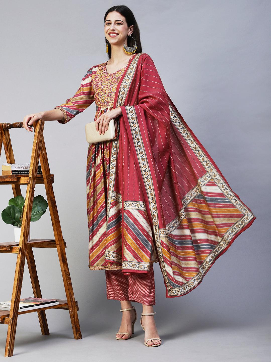 Ethnic Printed & Embroidered A-Line Kurta with Pant & Dupatta - Multi - Indiakreations