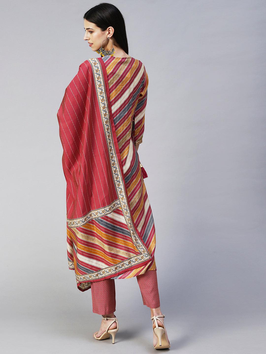 Ethnic Printed & Embroidered A-Line Kurta with Pant & Dupatta - Multi - Indiakreations