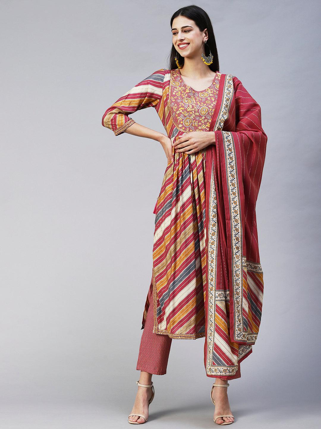 Ethnic Printed & Embroidered A-Line Kurta with Pant & Dupatta - Multi - Indiakreations