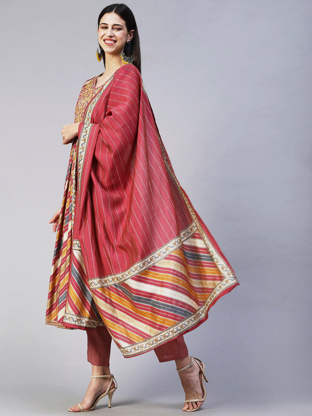 Ethnic Printed & Embroidered A-Line Kurta with Pant & Dupatta - Multi - Indiakreations