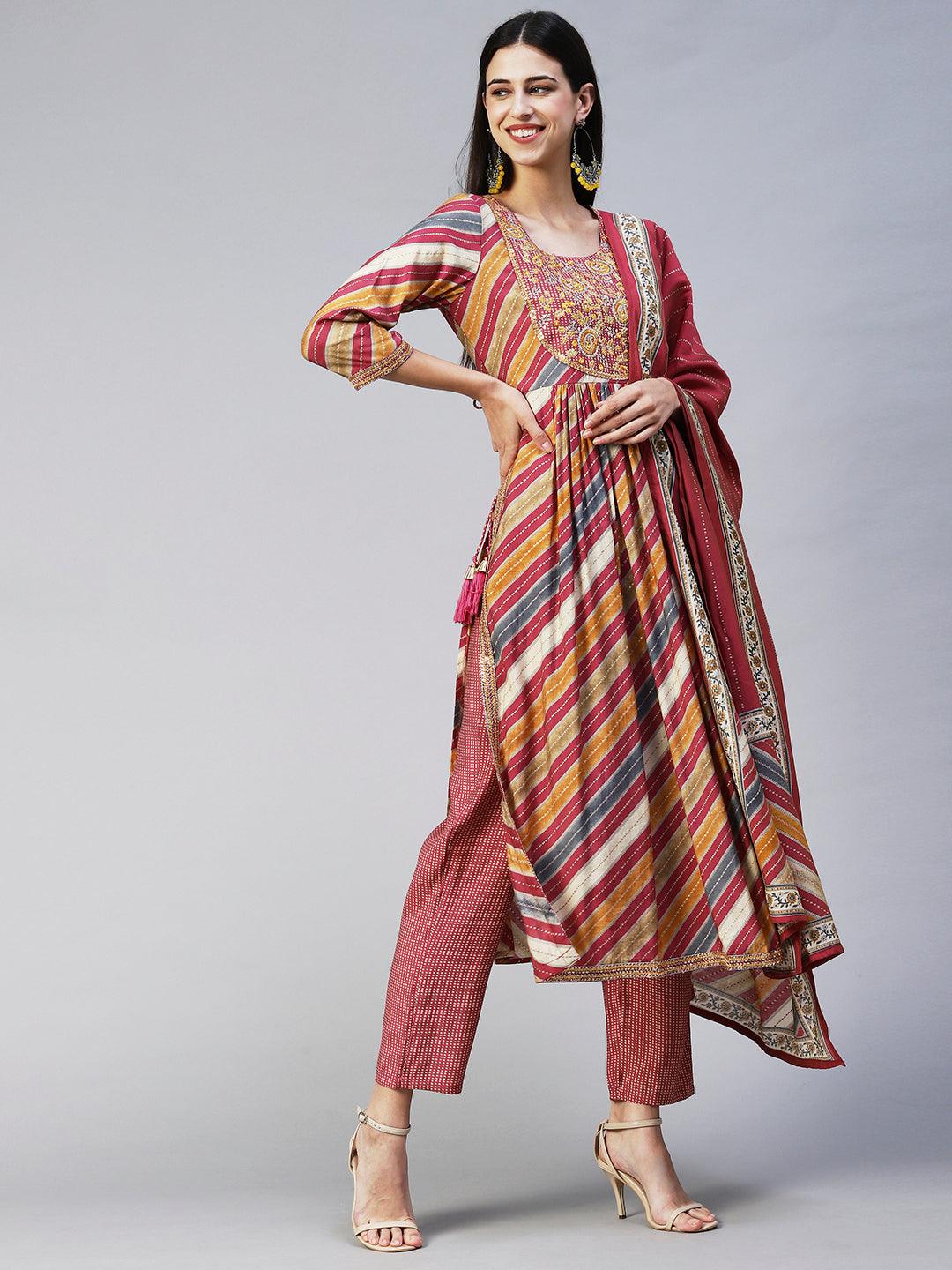 Ethnic Printed & Embroidered A-Line Kurta with Pant & Dupatta - Multi - Indiakreations