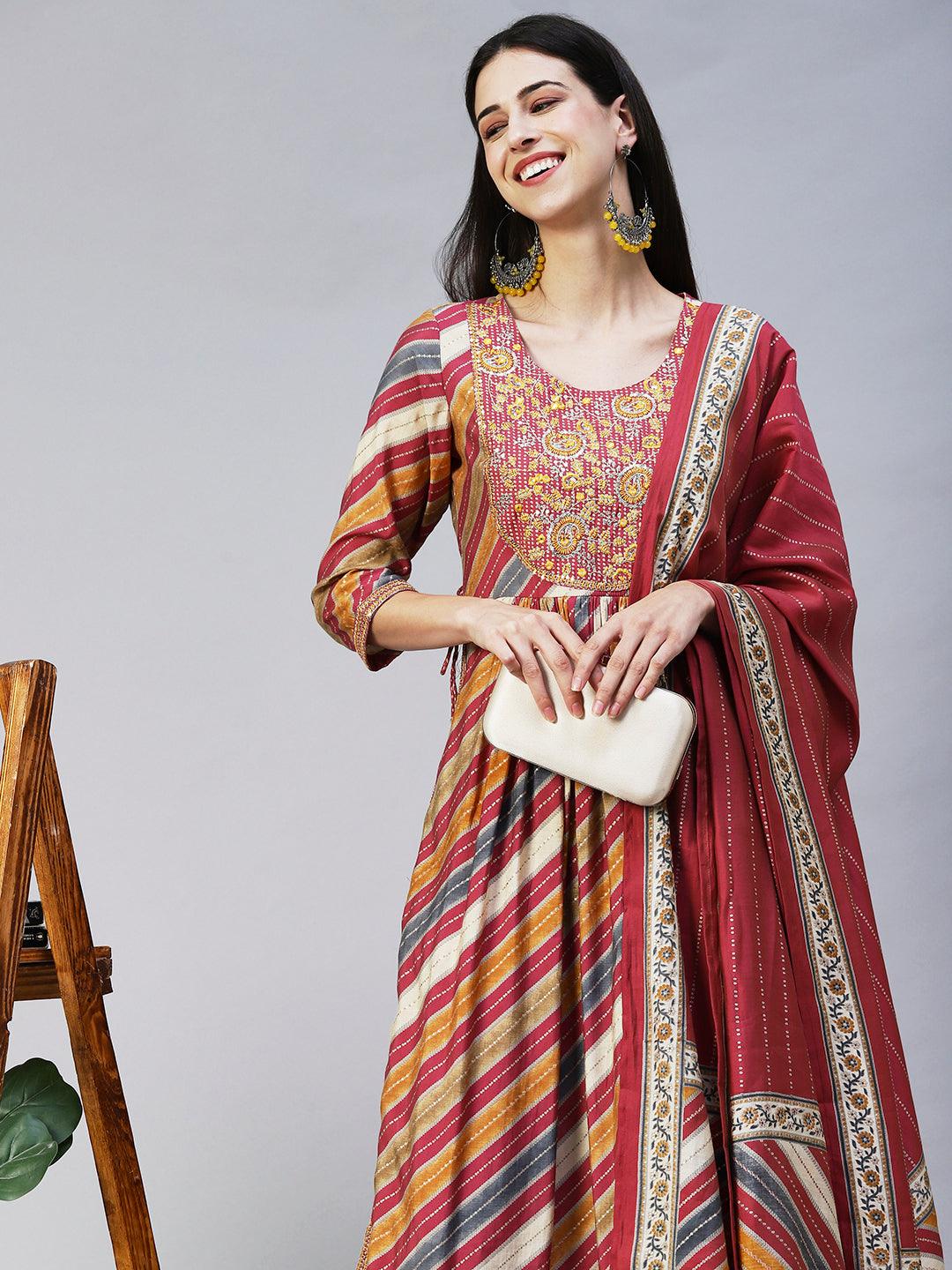 Ethnic Printed & Embroidered A-Line Kurta with Pant & Dupatta - Multi - Indiakreations