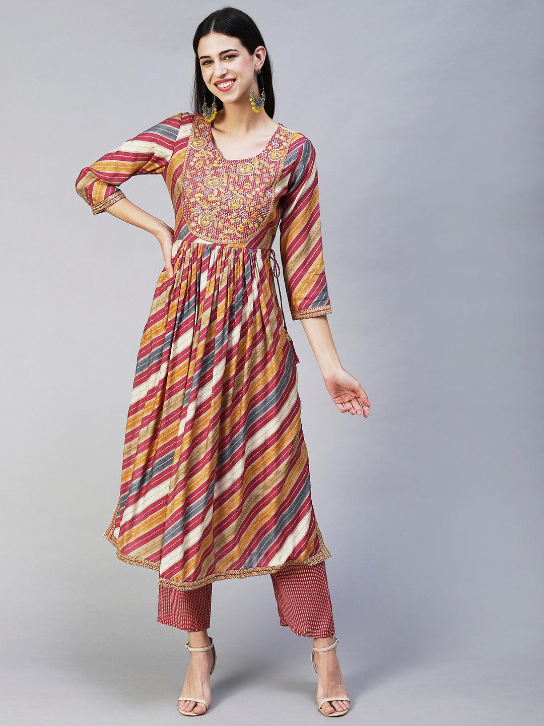 Ethnic Printed & Embroidered A-Line Kurta with Pant & Dupatta - Multi - Indiakreations