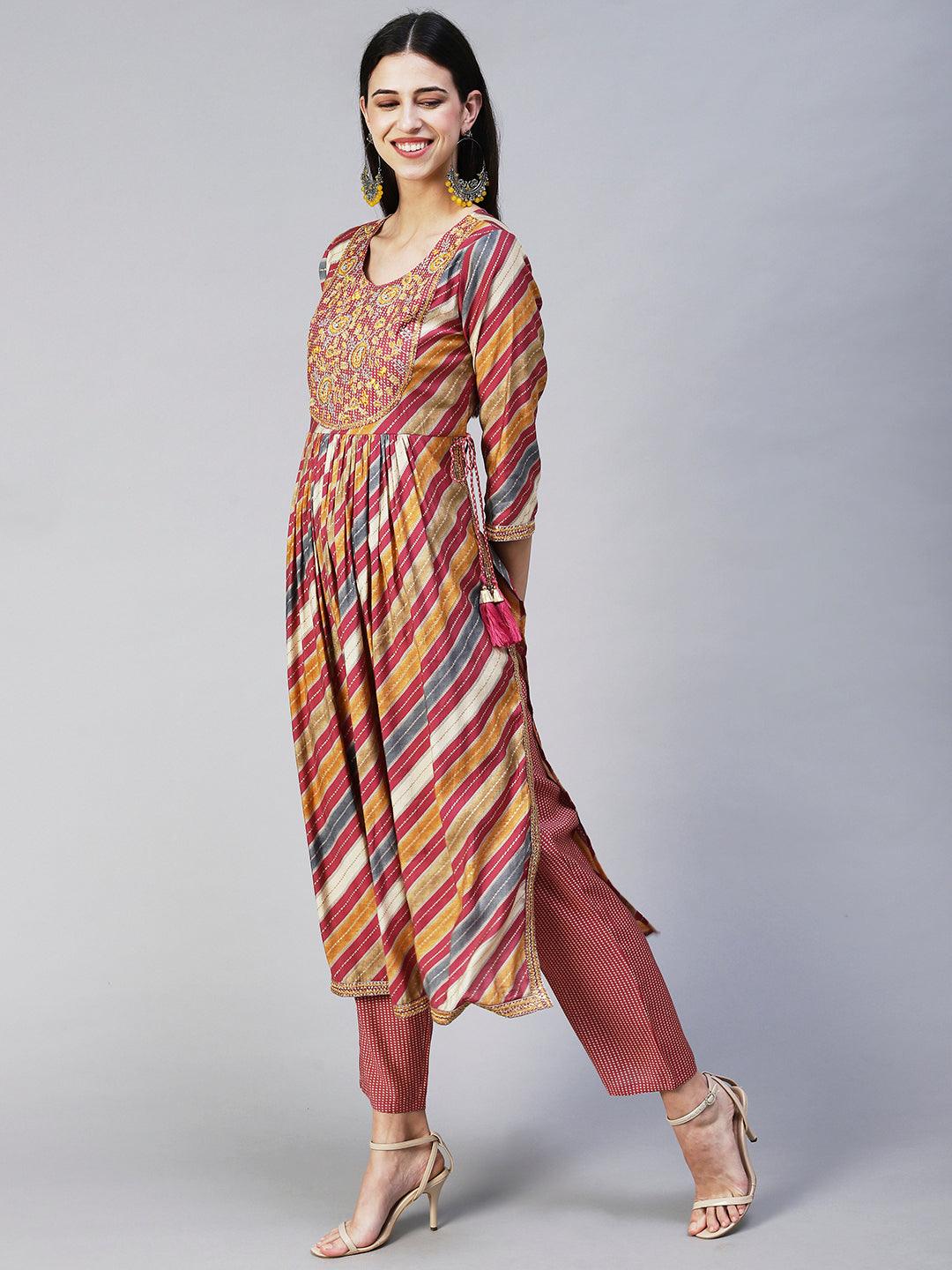 Ethnic Printed & Embroidered A-Line Kurta with Pant & Dupatta - Multi - Indiakreations