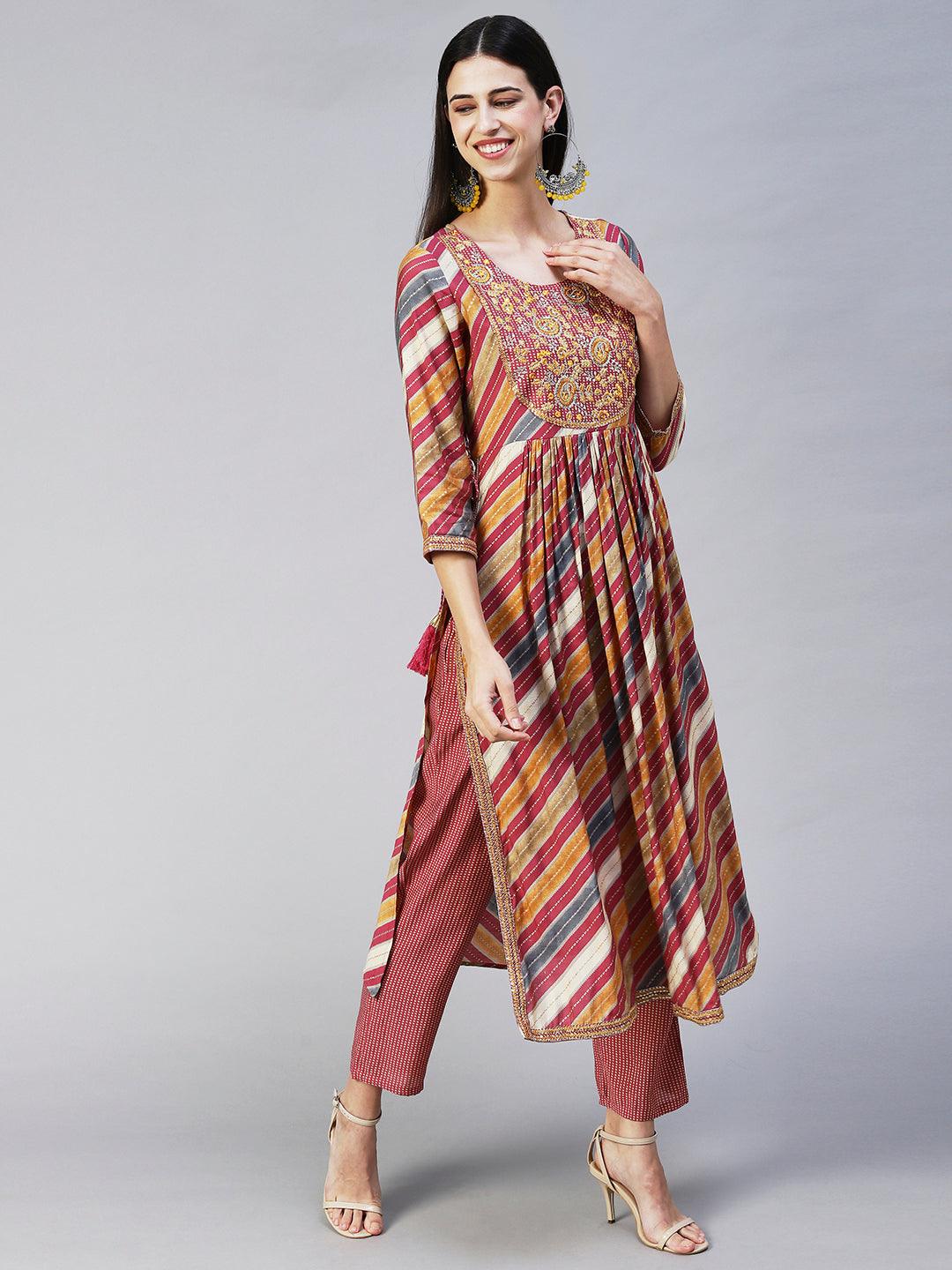 Ethnic Printed & Embroidered A-Line Kurta with Pant & Dupatta - Multi - Indiakreations