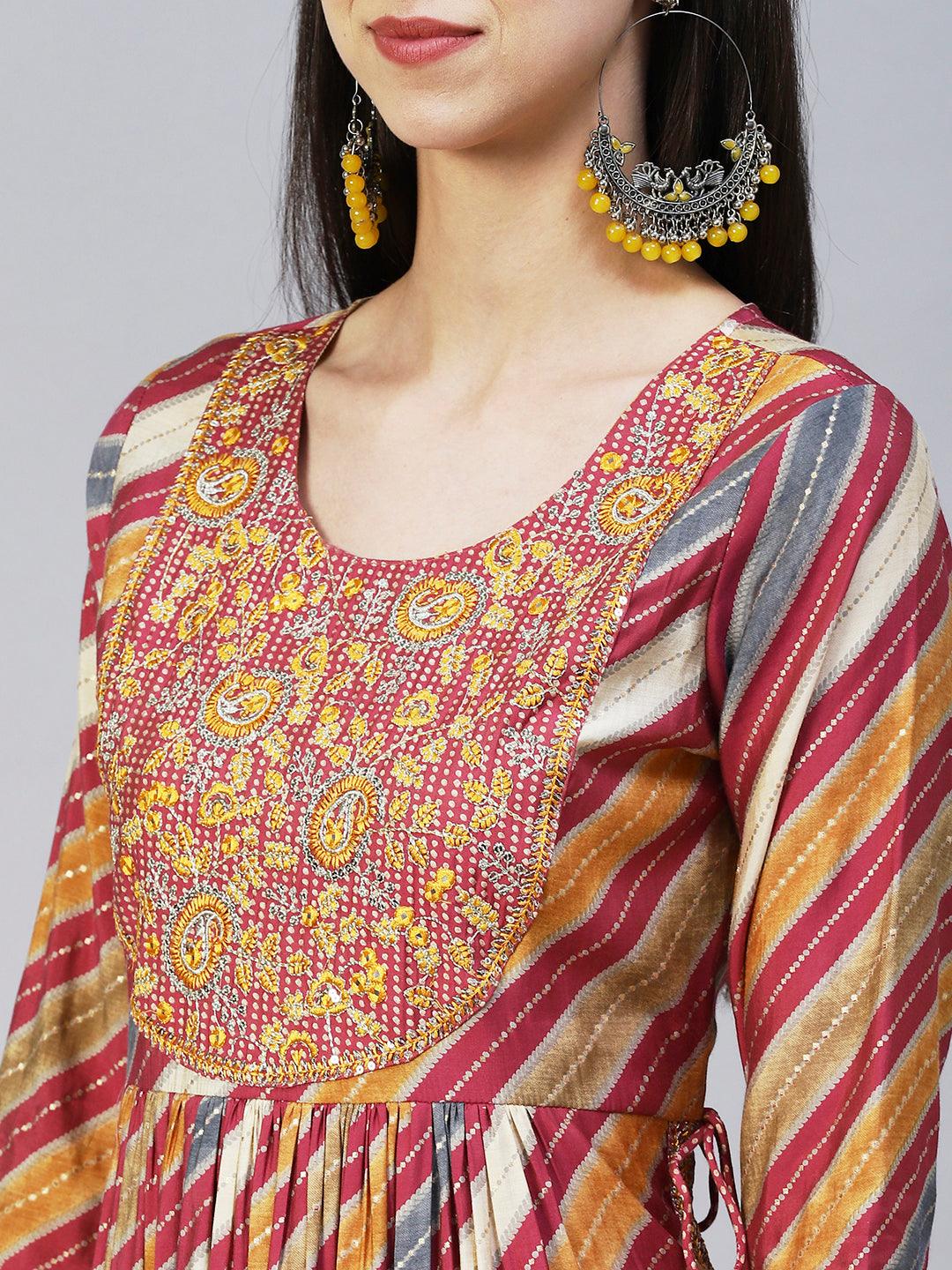 Ethnic Printed & Embroidered A-Line Kurta with Pant & Dupatta - Multi - Indiakreations