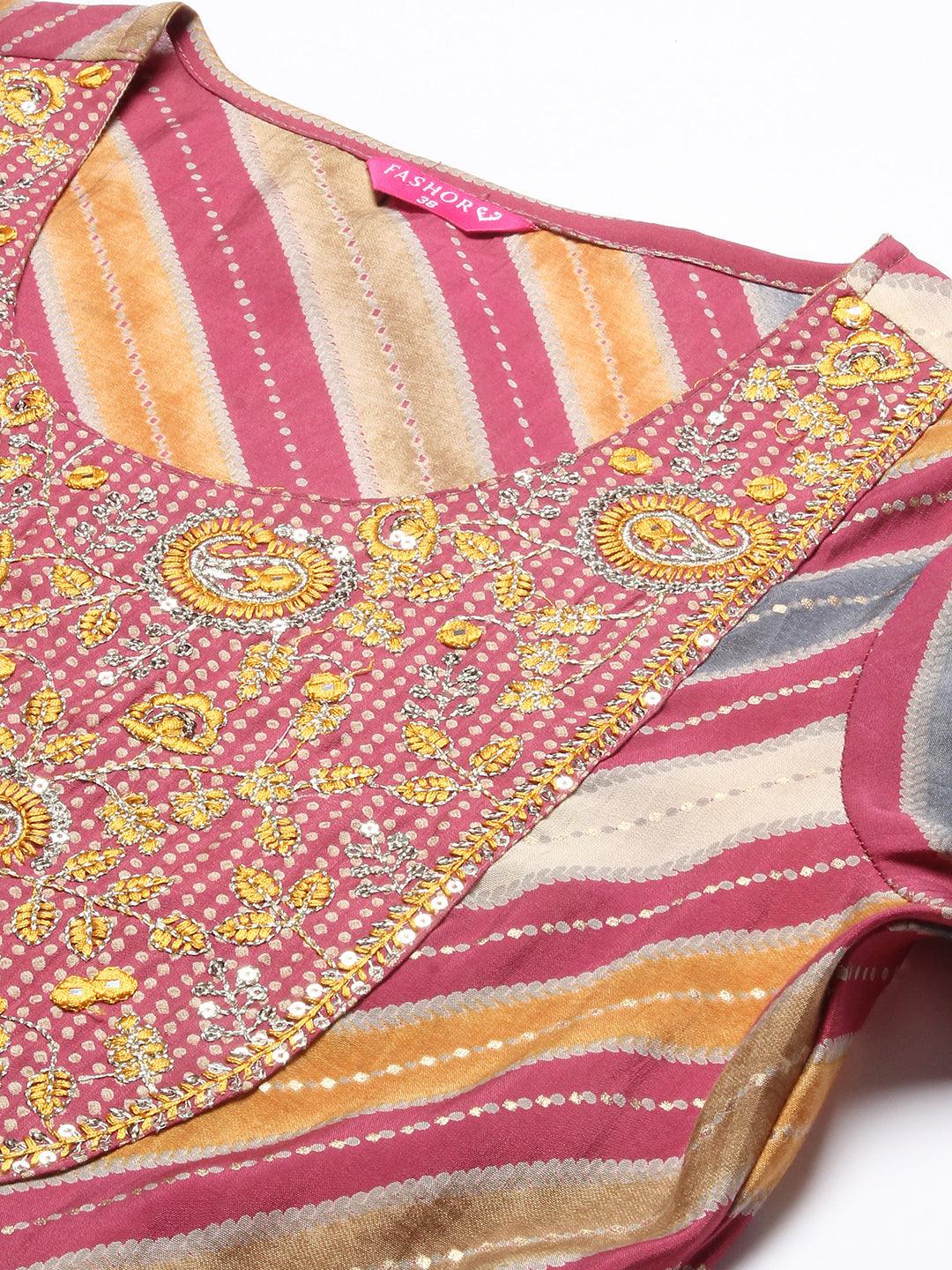 Ethnic Printed & Embroidered A-Line Kurta with Pant & Dupatta - Multi - Indiakreations