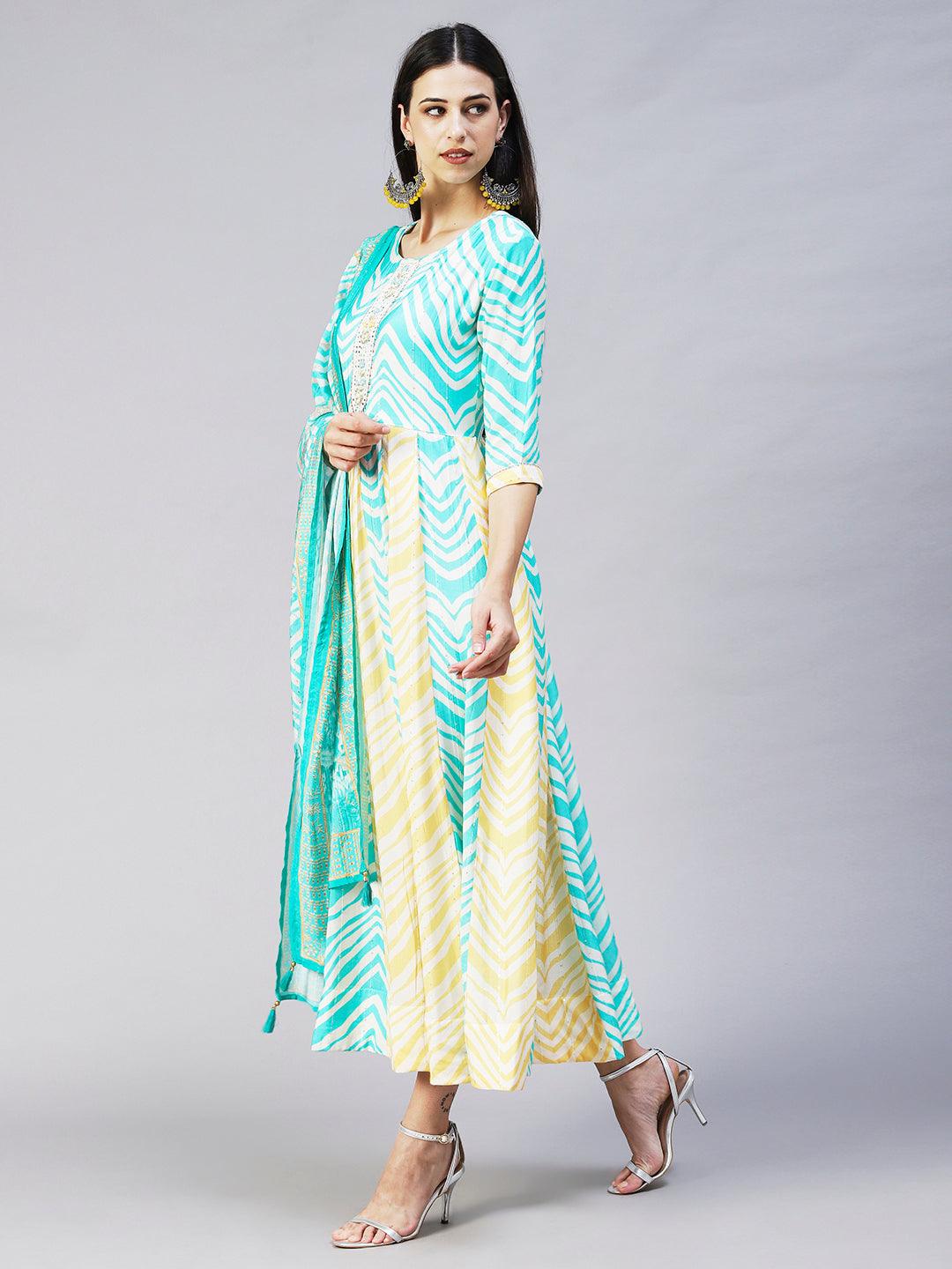 Chevron Printed & Hand Embroidered Anarkali Maxi Dress with Dupatta - Multi - Indiakreations