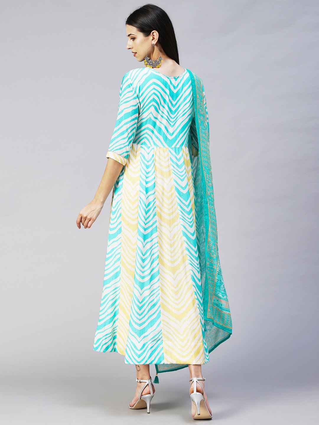 Chevron Printed & Hand Embroidered Anarkali Maxi Dress with Dupatta - Multi - Indiakreations