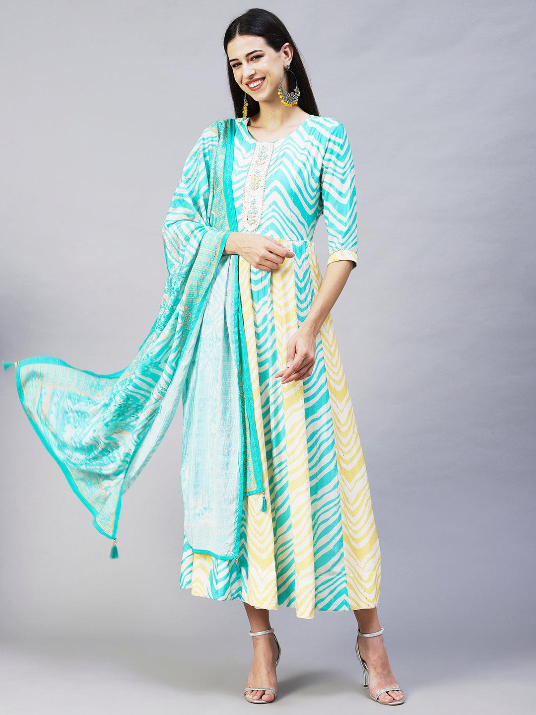 Chevron Printed & Hand Embroidered Anarkali Maxi Dress with Dupatta - Multi - Indiakreations